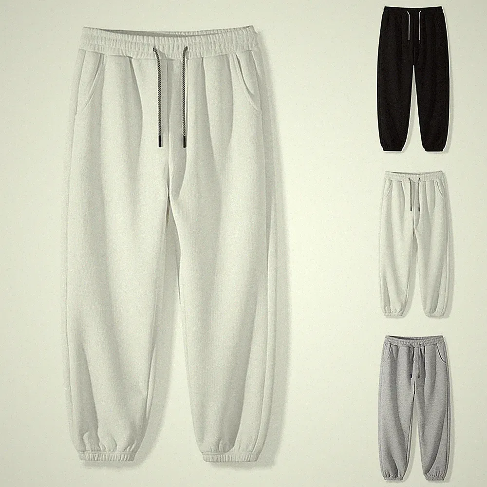 Herren Solide Waffel Jogginghose Kordelzug Taille Loose Fit Paket Fußhose