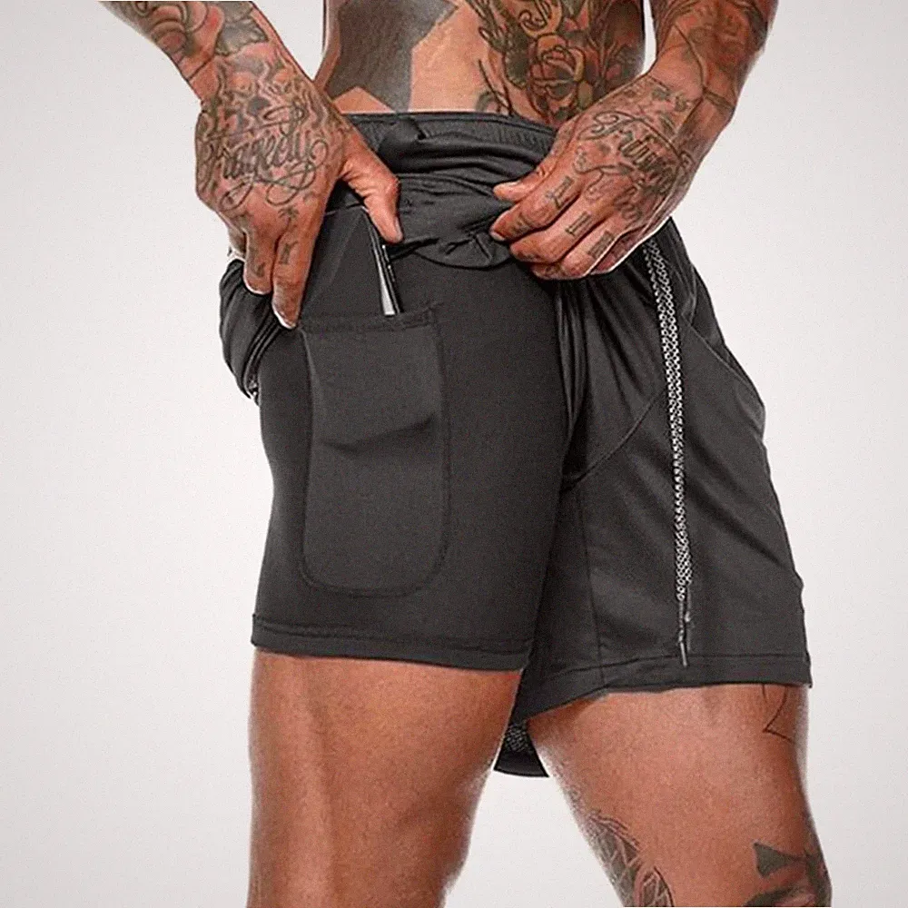 Herren Sporthose Kurz Laufhose Atmungsaktiv Schnell Trocknend Kompression 2 in 1