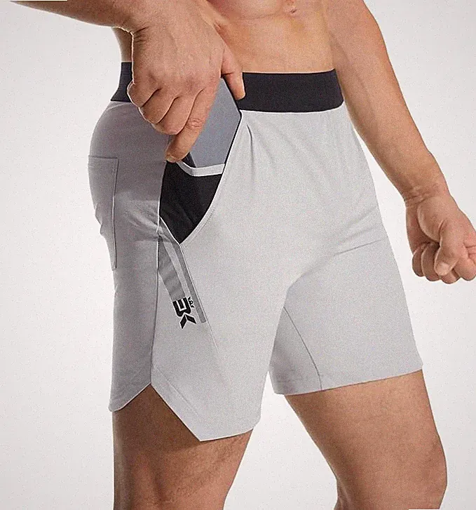 Herren Sportshorts Laufshorts Doppeltasche Fitnesshose Hellgrau Größe L Jogging
