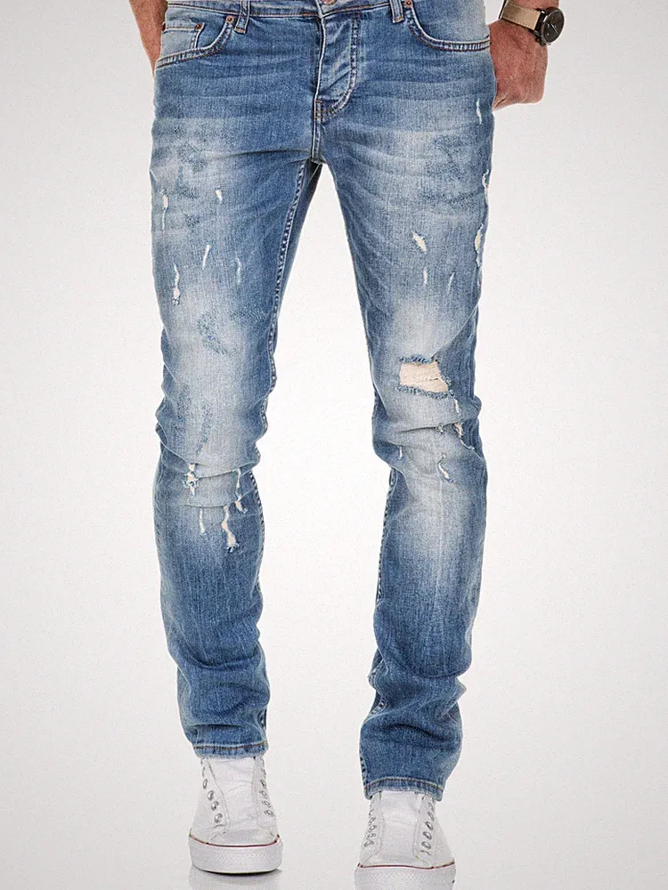 Herren Strech Destroyed Slim Fit Denim Jeans Chino Hose Schwarz/Grau/Blau 7500