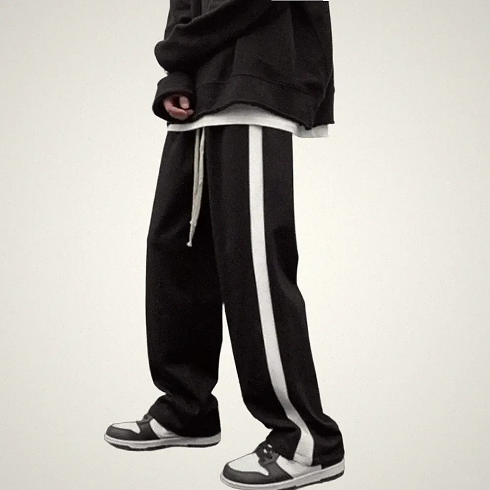 Herren Streetwear Jogginghose Gestreift Locker für freizeit Gerade Hose Schwarz