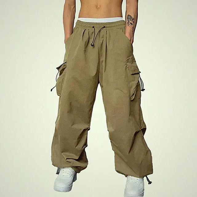 Herren Streetwear Wide Leg Jogginghose Y2K Hip Hop Oversized Sweatpants Apricot