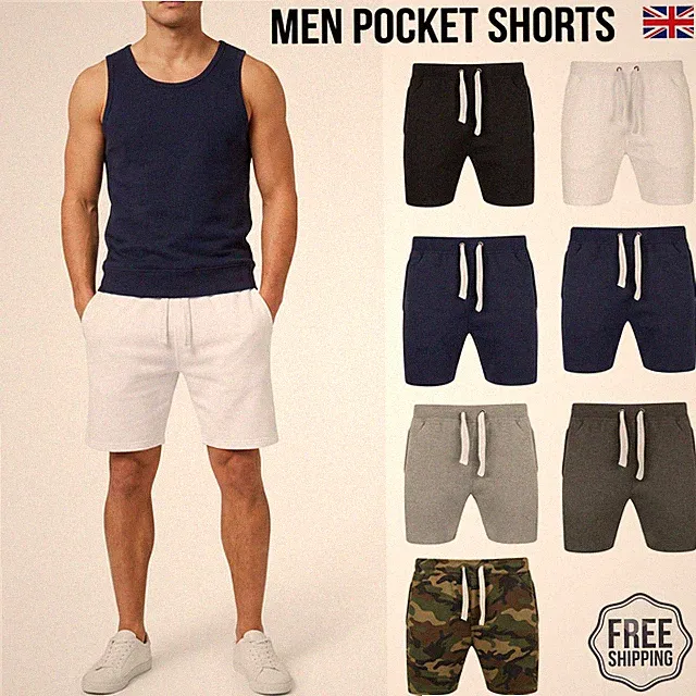 Herren Stretch Fleece Freizeit Shorts Gummibund Kordelzug mit Taschen Jogger ML