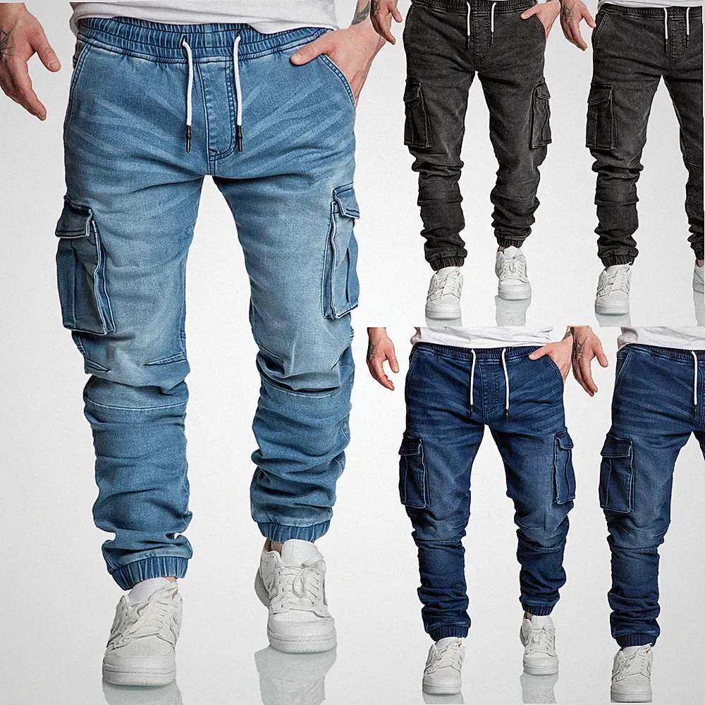 Herren Sweathose in Stretch Denim Männer Cargo Jogging Jeans R7024