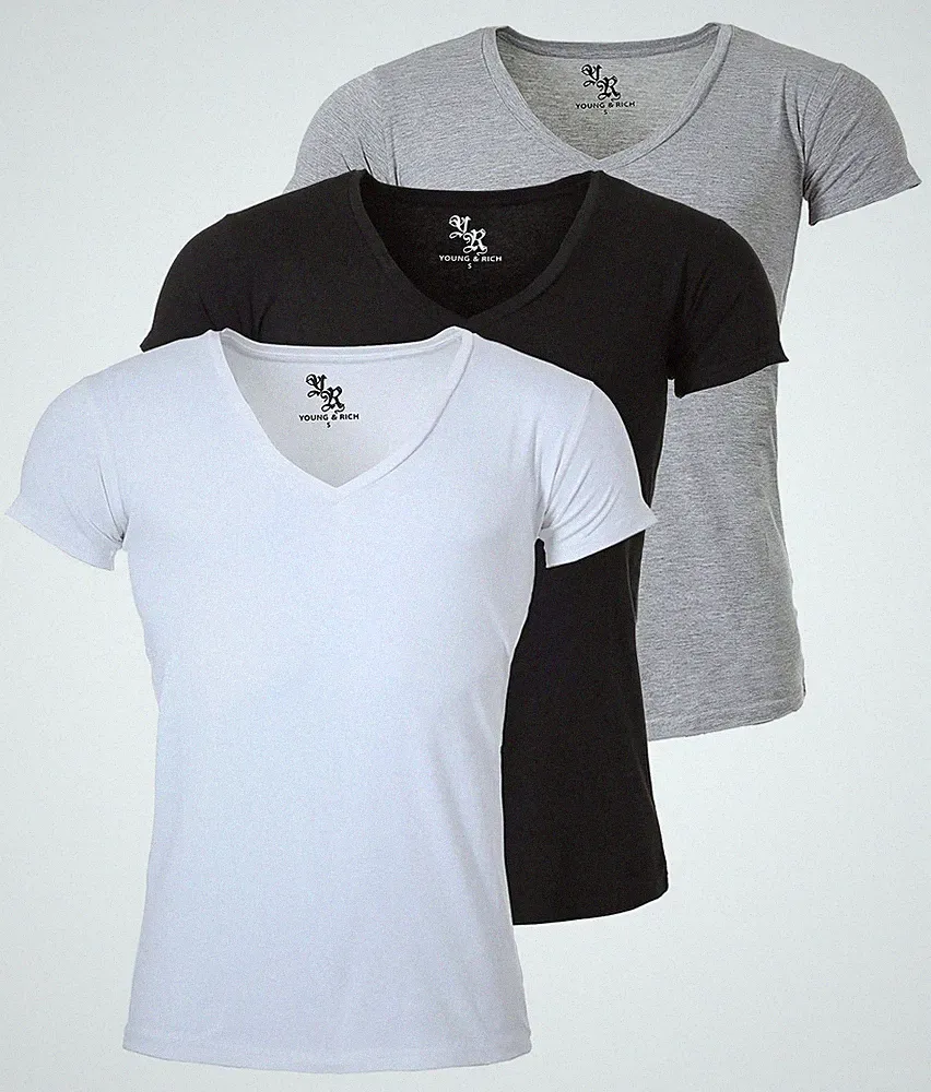 Herren T-Shirt 3erPack Young & Rich Uni tiefer V-Ausschnitt slimfit basicstretch