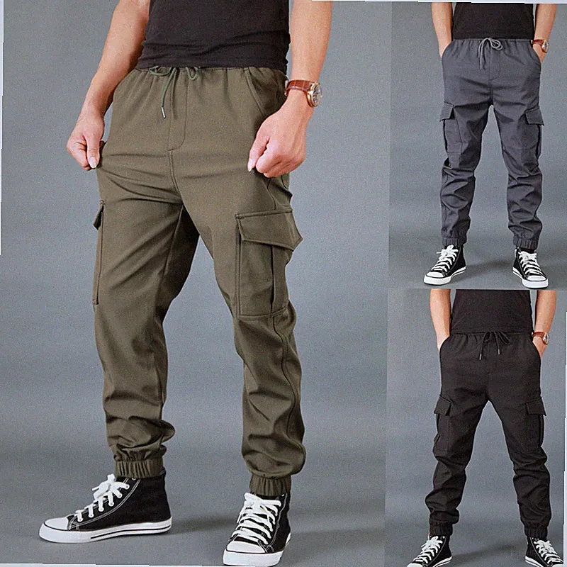 Herren Tapered Elastic Saum Cargo Jogger Jogginghose Grau Polyester Blend
