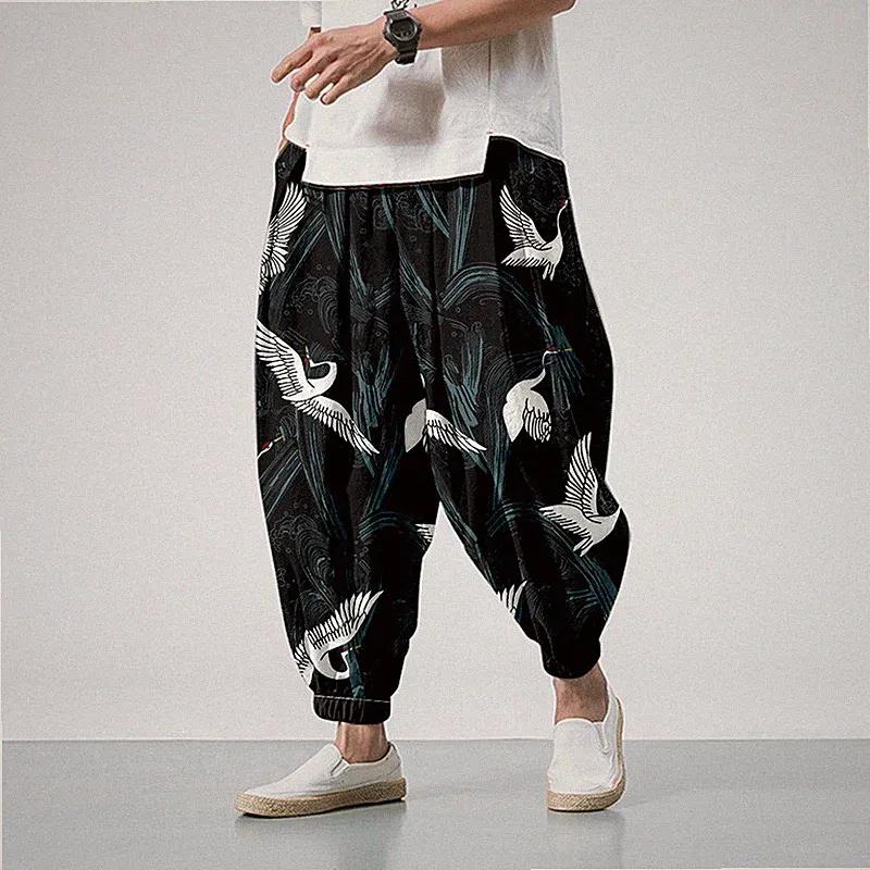 Herren Tapered Harem Baggy Hosen Elastischer Bund Crane Druck Rüsche Retro