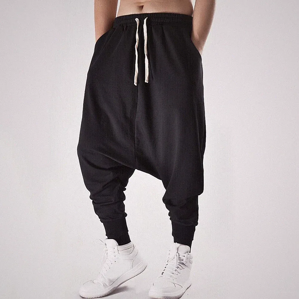 Herren Tiefer Niedriger Schritt Jogginghose Locker Konisch Kordelzug Harem Hose