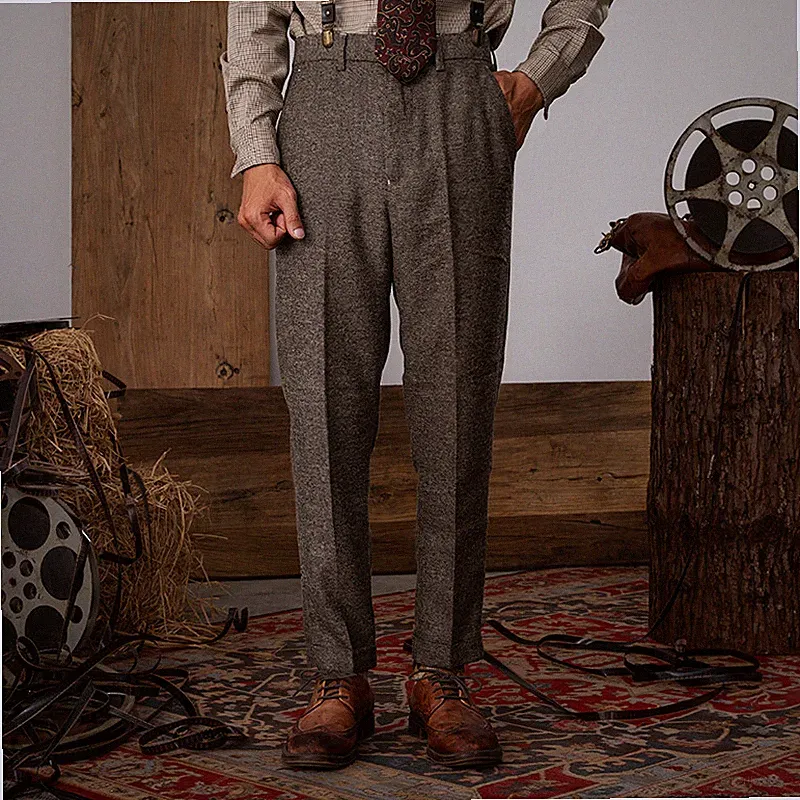 Herren Vintage Fischgrätenmuster Knöchel Hose Slim Fit Business Freizeit Anzug