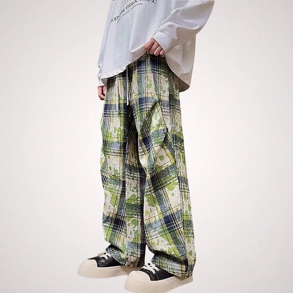 Herren Vintage Karo Jogger Jogginghose Weites Bein Gerades Bein Freizeithose