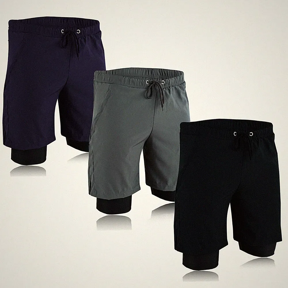 Herren weiche Sportunterteile Laufen 2 in 1 Shorts Fitnessstudio Training Fitnessunterteil mit Taschen