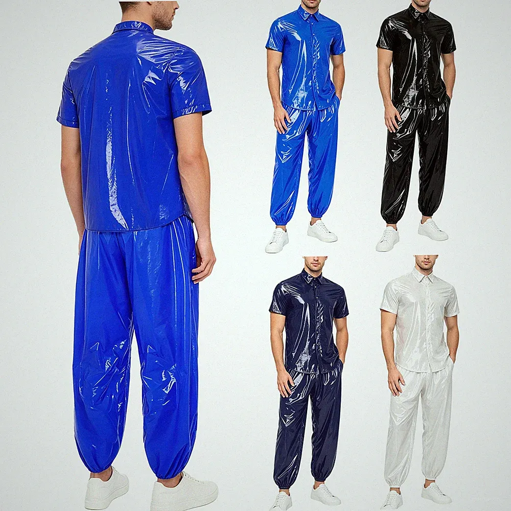 Herren Wetlook Lack Leder Hemd Kurzarm Blusen Loose Hose Saunaanzug Sweatanzug