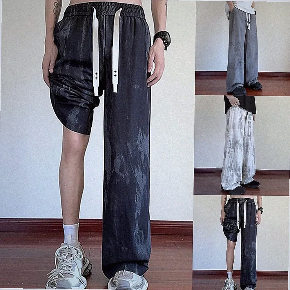 Herren Wide Leg Straight Hose Elastischer Bund Kordelzug Eis Seide Jogginghose