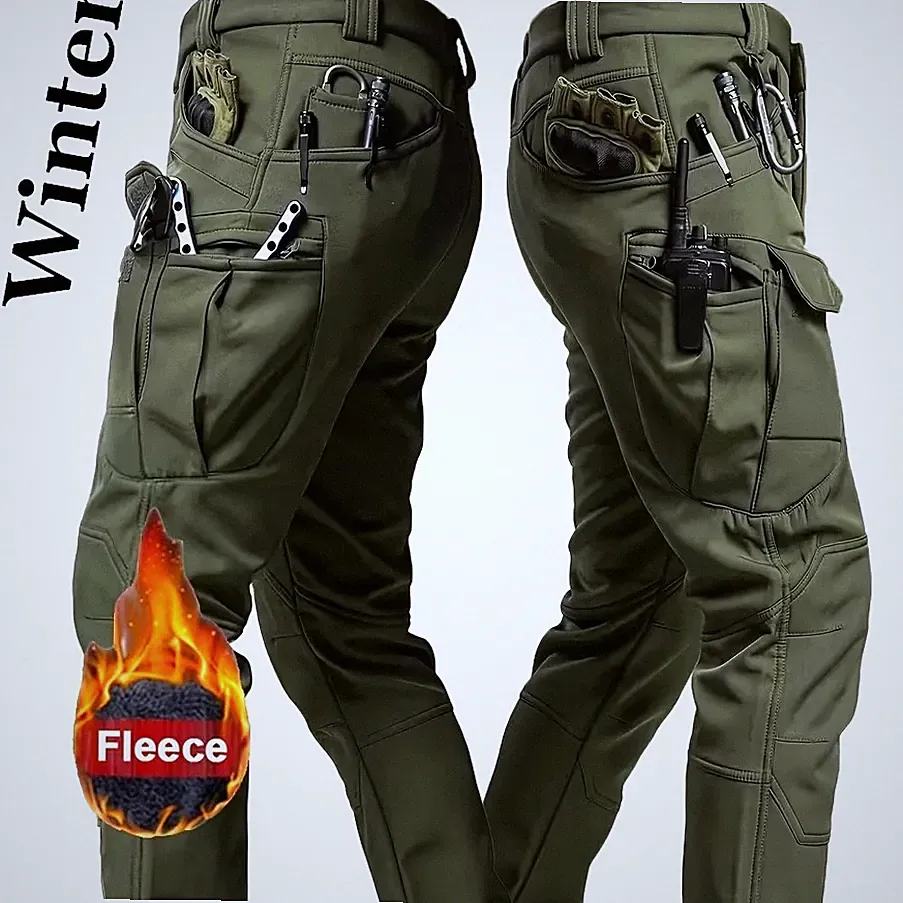 Herren Winter Cargo Hose Thermohose Arbeitshose Softshell Fleece Warm Armee Grün