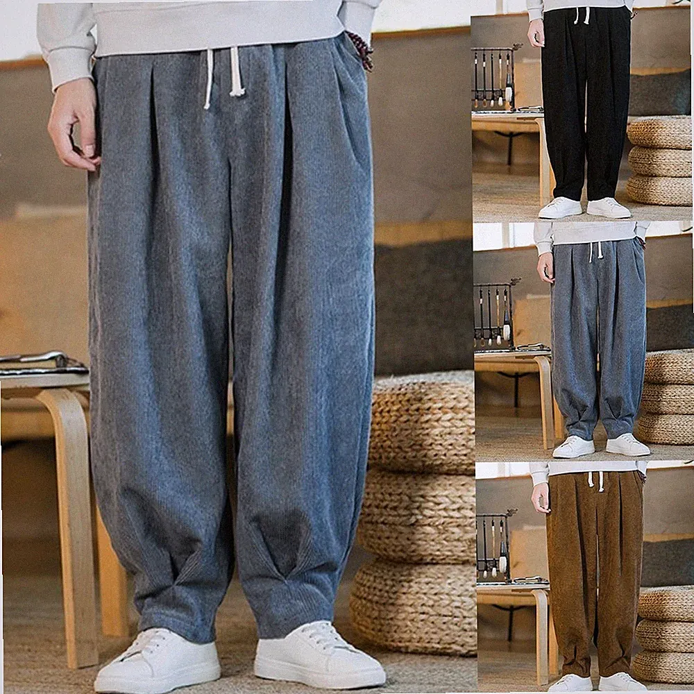 Herren Winter Cord Jogginghose Oversize Einfarbig Warm Freizeithose Normale Län