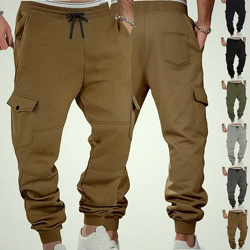 Herren Winter Fleece Cargohose, Kordelzug, Mehrfachtaschen,Polyester Jogginghose