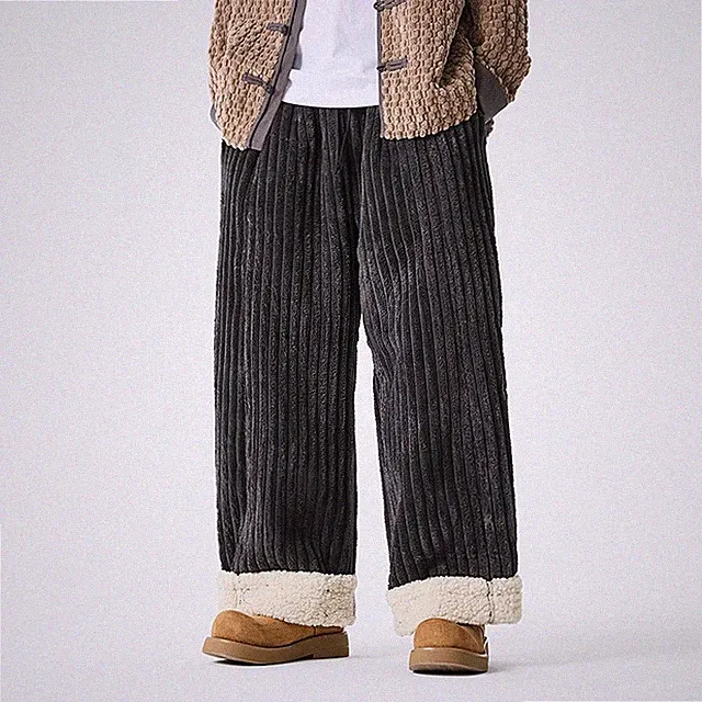 Herren Winter Fleece Gefütterte Gerade Hosen Außen Kordhose Locker Sitzend