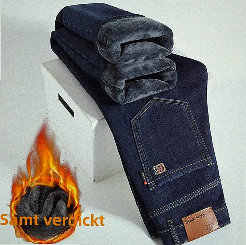 Herren Winter Thermo-Jeans Fleece gefüttert Stretch Straight Denim Pant Leg-Hose