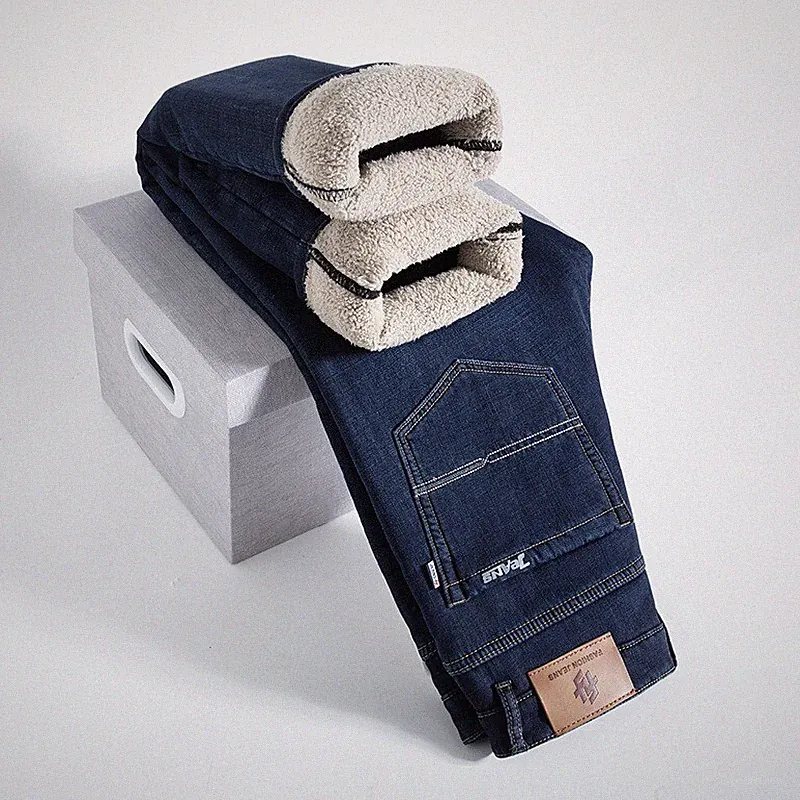 Herren Winter Thermo-Jeans Fleece gefüttert Stretch Straight Denim Pant Leg-Hose