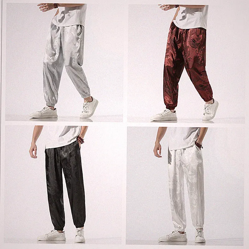 Herrenhose Harem Hose Drache Tai Chi Locker Kunstseide Satin Freizeit Retro
