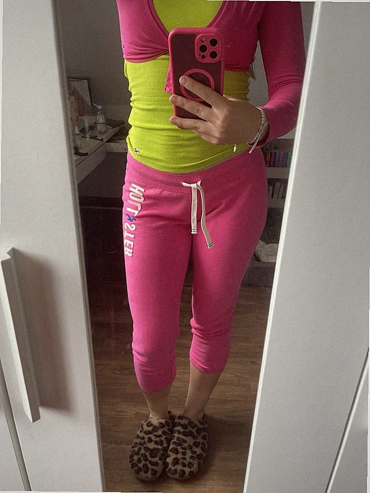 Hollister Vintage Damen Jogginghose M Pink Baumwolle Fleece Logo Zugband Y2k