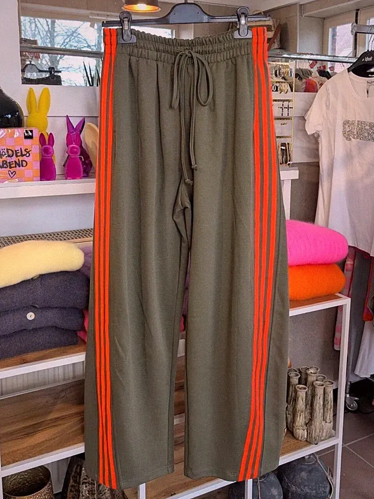 Hose Jogginghose 3 Streifen Stripes Khaki Neon Orange Baumwolle - von LUMINA