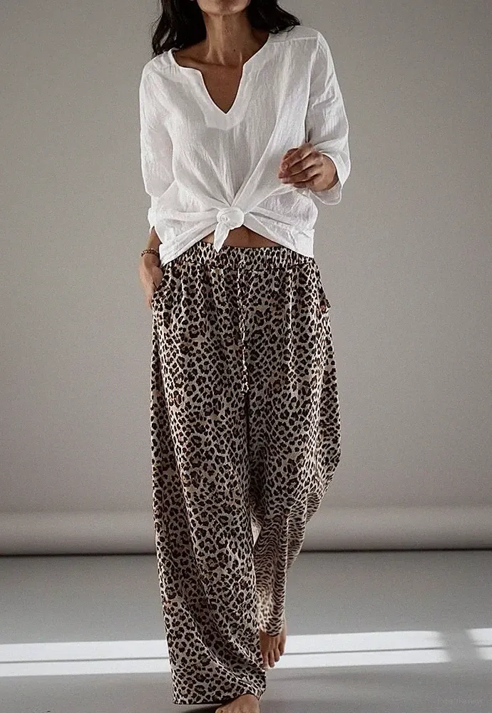 Hose Weit Braun Schwarz 36 38 40 Palazzo Marlene Leo Print Wide Leg