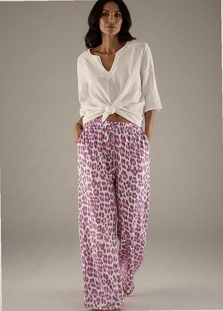 Hose Weit Flieder Pink Wide Leg 34 36 38 Palazzo Marlene Leo Print Rosa