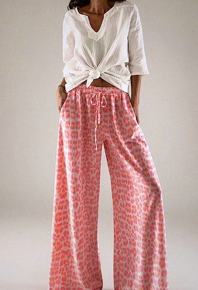 Hose Weites Bein Rosa Pink Jogging Print 34 36 38 Wide Leg Palazzo Marlene Leo