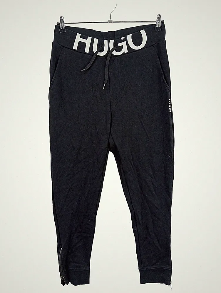HUGO BOSS Herren Jogginghose Gr. 50 L Schwarz Logo-Bund Reißverschluss Sport