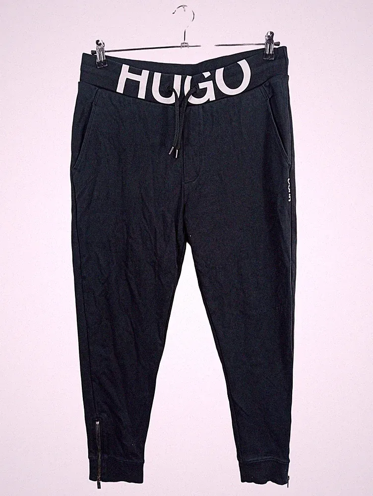 HUGO BOSS Herren Jogginghose Schwarz Gr. 50 L Logo-Bund Reißverschluss