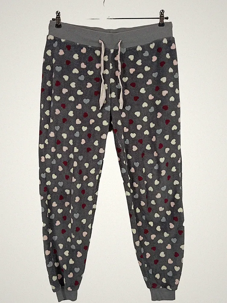 Hunkemöller Fleece Schlafhose Damen L Lounge Jogginghose Grau Herzmuster