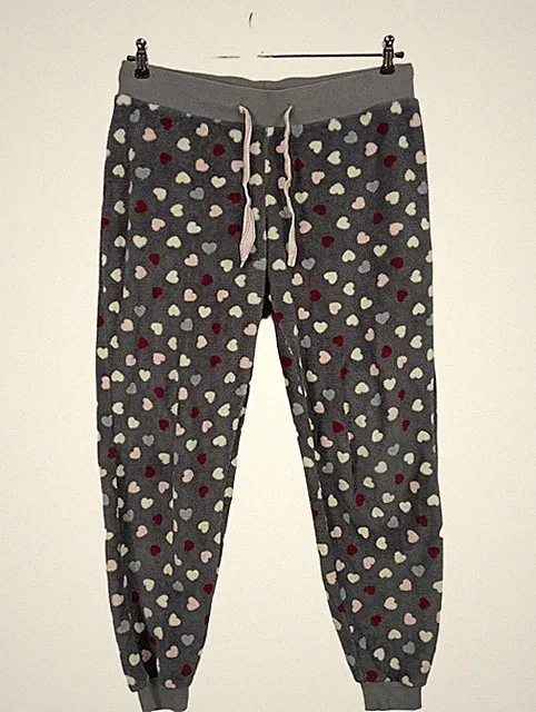Hunkemöller Fleece Schlafhose Damen L Lounge Jogginghose Grau Herzmuster