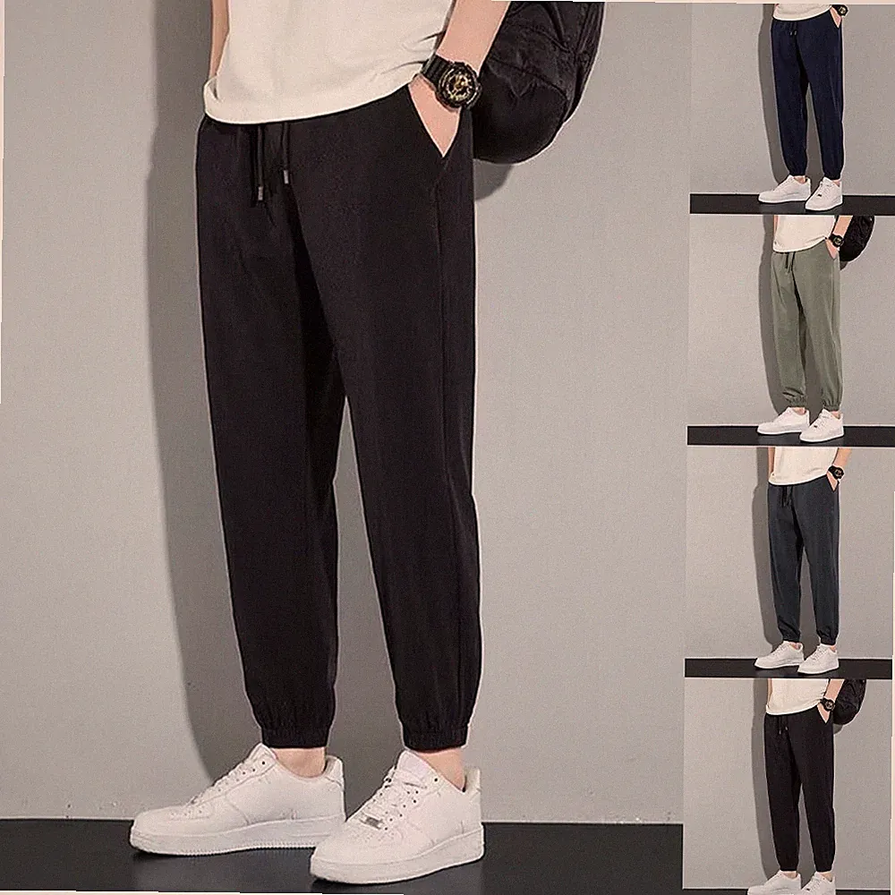 Ice Silk Jogginghose Herren Sweatpants Gummibund Kordelzug Loose Fit Einfarbig