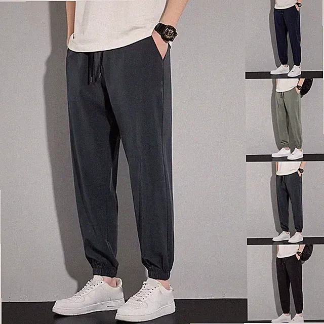 Ice Silk Jogginghose Herren Sweatpants Gummibund Kordelzug Paket Fuß Einfarbig