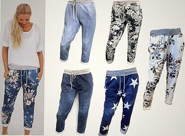 Italienische Damen Denim Blumenmuster Uni Lounge Hose Jogginghose Größe 8-22
