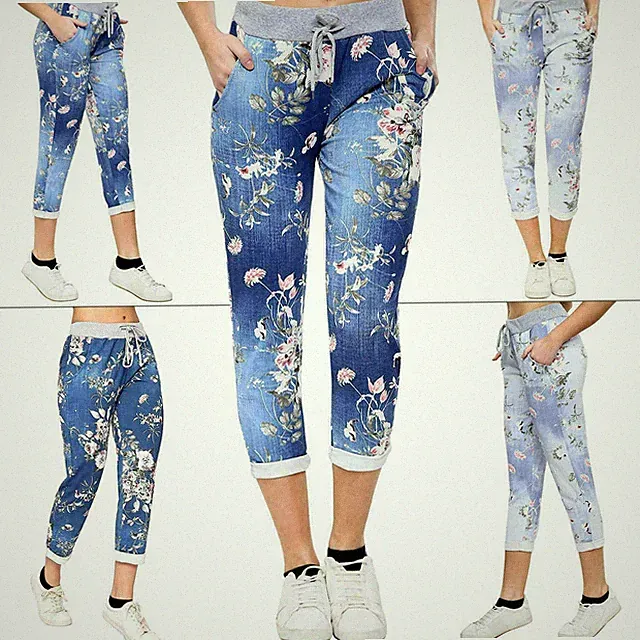 Italienische Damen Jogginghose Hose Blumenmuster Freizeit Jogging Hose Taschenhose
