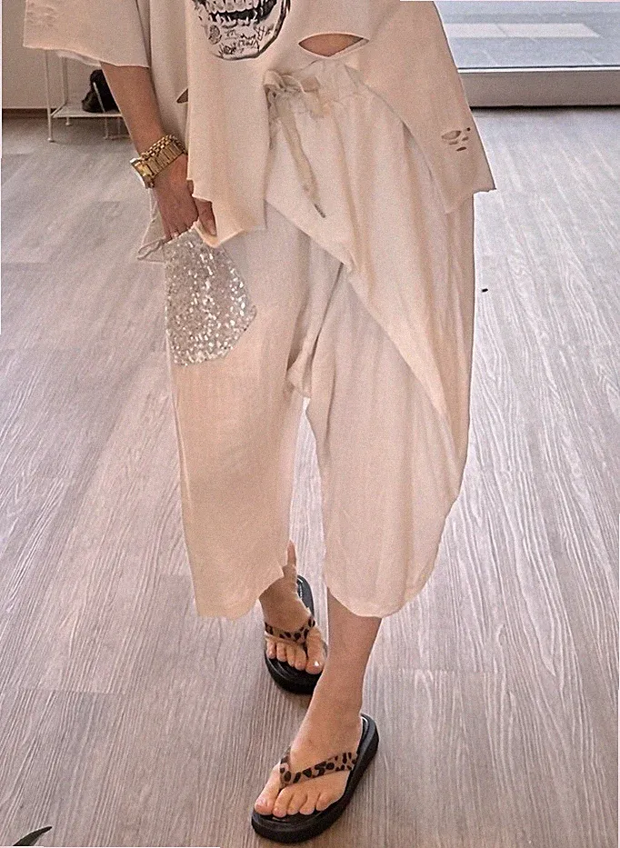 Italy Damen Baggy Shorts Bermuda Cargo Hose Pailletten 36-42/44 Beige Silber