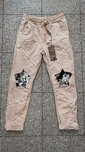 ITALY Damenhose Jogging Joggingpants Baggy Pailetten Hose Stern 34-kl44beige H4