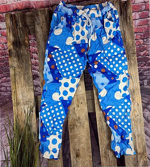 Italy LEICHTE Crinkle Stretch JOGPANTS HOSE Dots Muster gepunktet BLAU 38 40 42