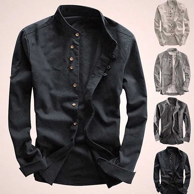 Japanisches Stil Hemd Herren Einfarbig Stehkragen Slim Fit Leinen Freizeithemden