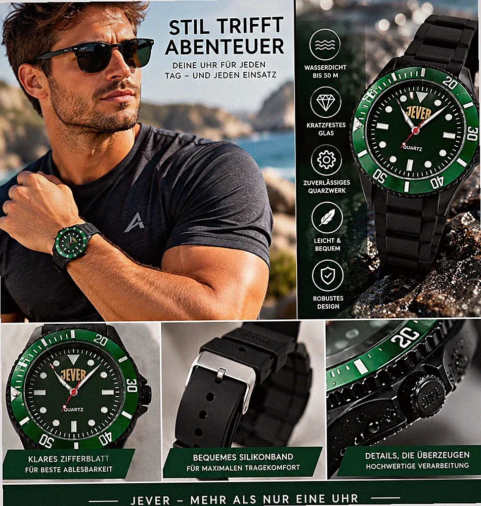 Jever Herren Quarz Taucheruhr 50 m, grün/schwarz, Silikonband, Tag/Datum