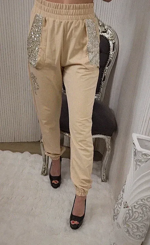 Jogging jogger jogginghose stoff hose damen Creme beige silber Paparazzi Fashion