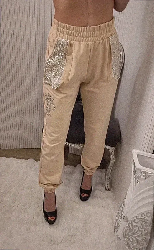 Jogging jogger jogginghose stoff hose damen Creme beige silber Paparazzi Fashion