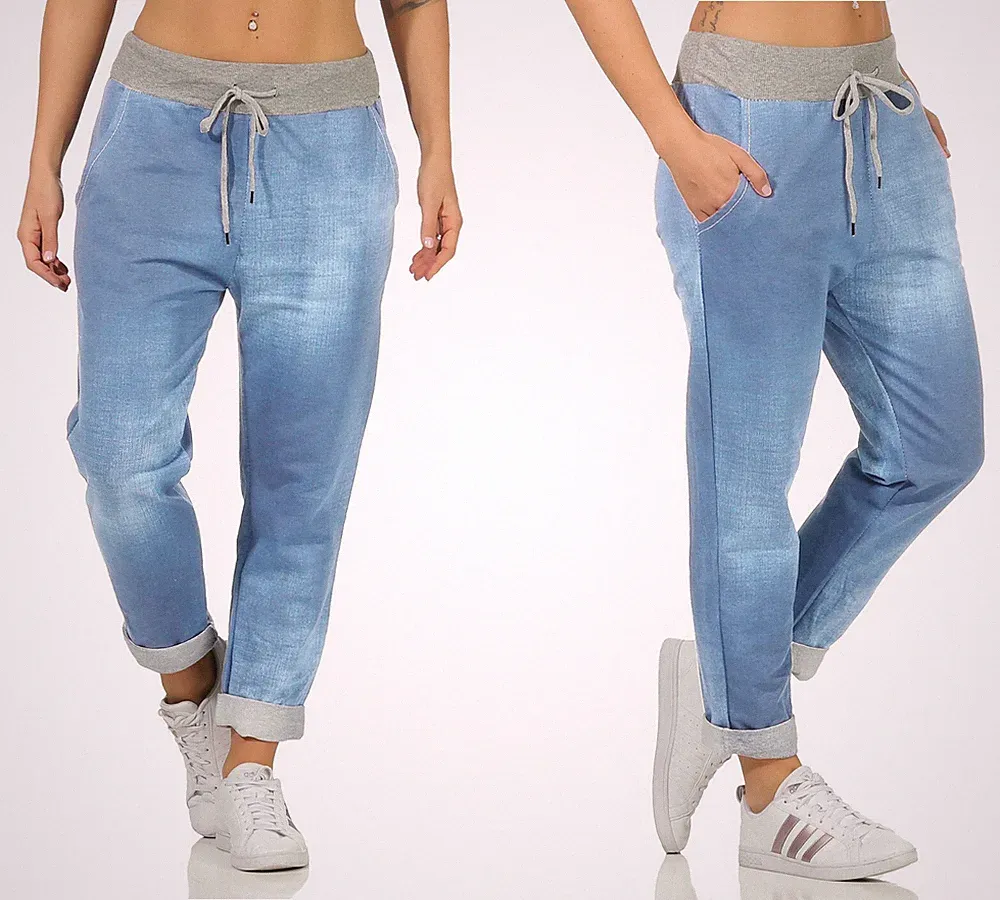 Jogginghose Damen leicht Jersey Sporthose Sweatpants Jogger Jeansdruck Gummizug