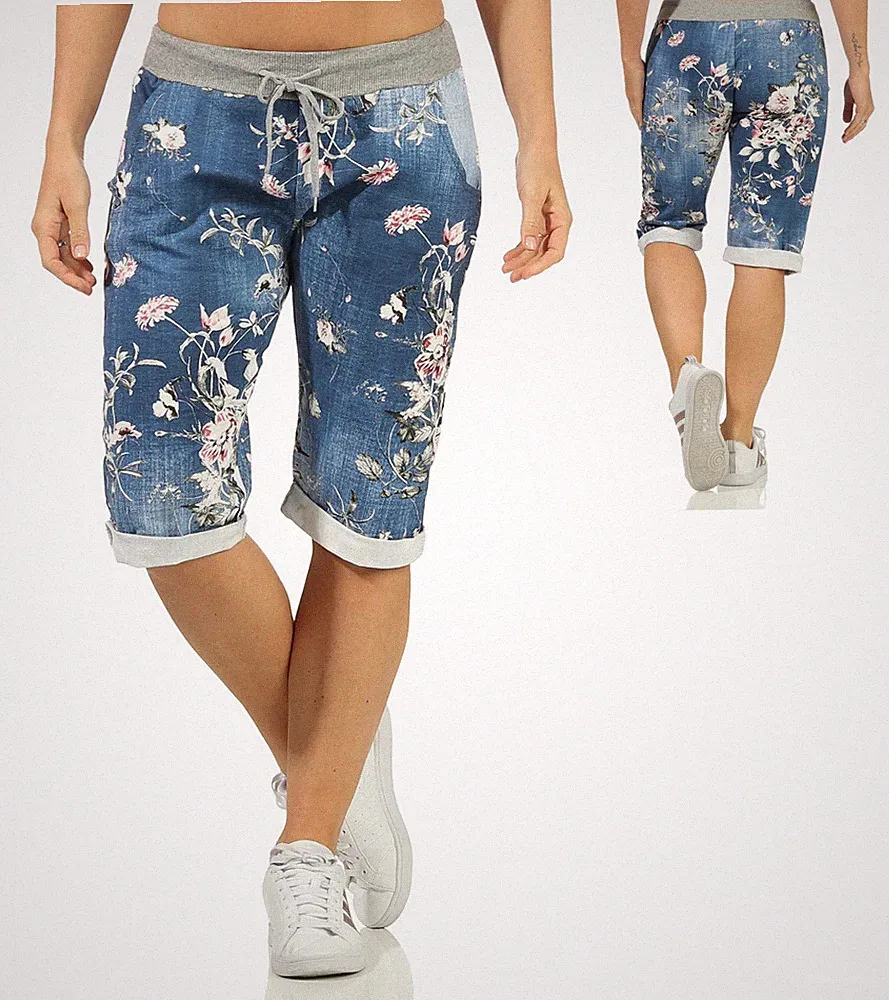 Jogginghose knielange Hose Damen Bermuda Shorts Jeans-Optik Sweathose Cabrihose