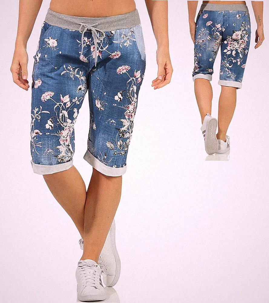 Jogginghose knielange Hose Damen Bermuda Shorts Jeans-Optik Sweathose Cabrihose