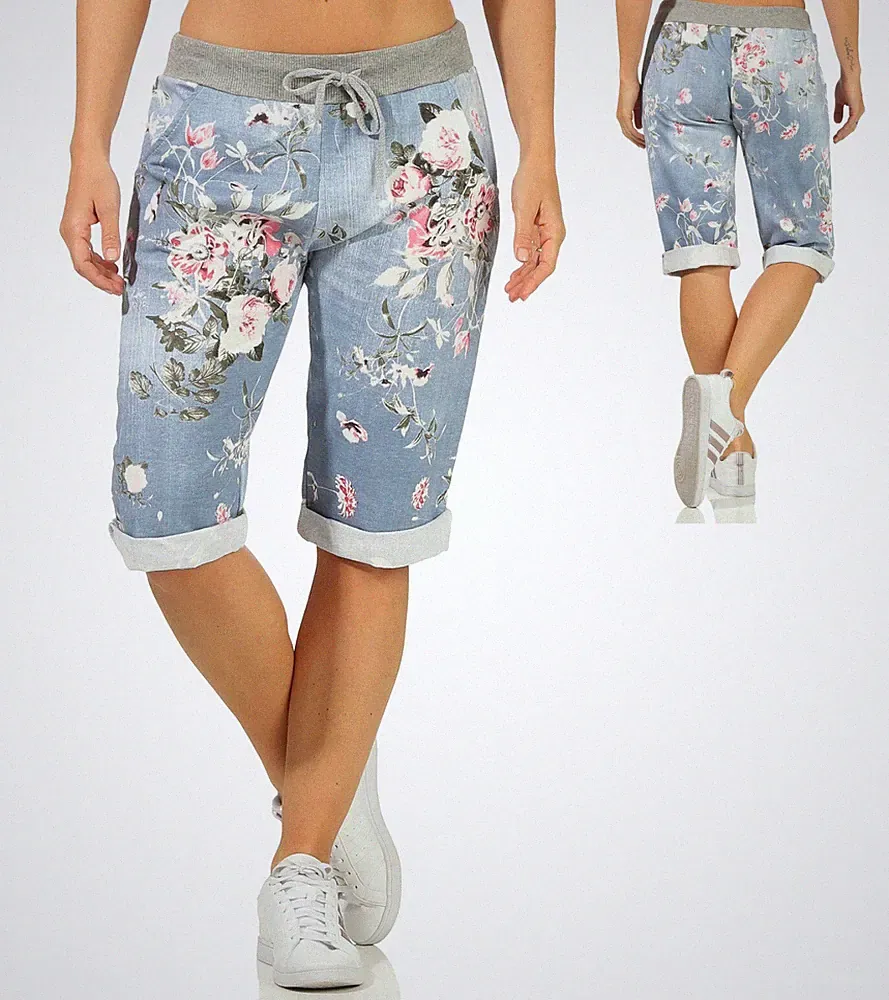 Jogginghose knielange Hose Damen Bermuda Shorts Jeans-Optik Sweathose Cabrihose