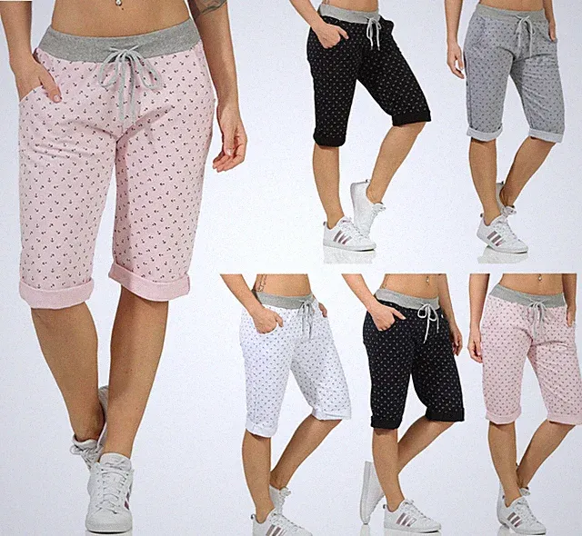 Jogpants Bermuda Shorts Damen knielange Jogger Anker Design Hose Caprihose 36-44