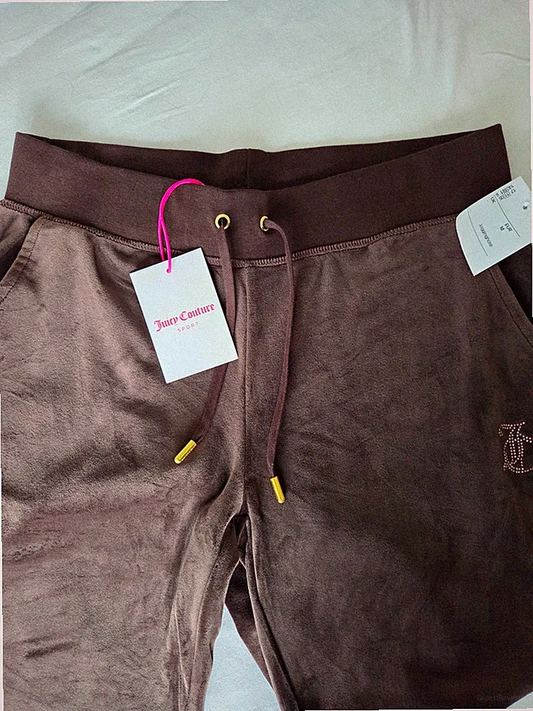 Juicy Couture Damen Jogginghose Samt Braun Gr. M Schlaghose Strass-Logo